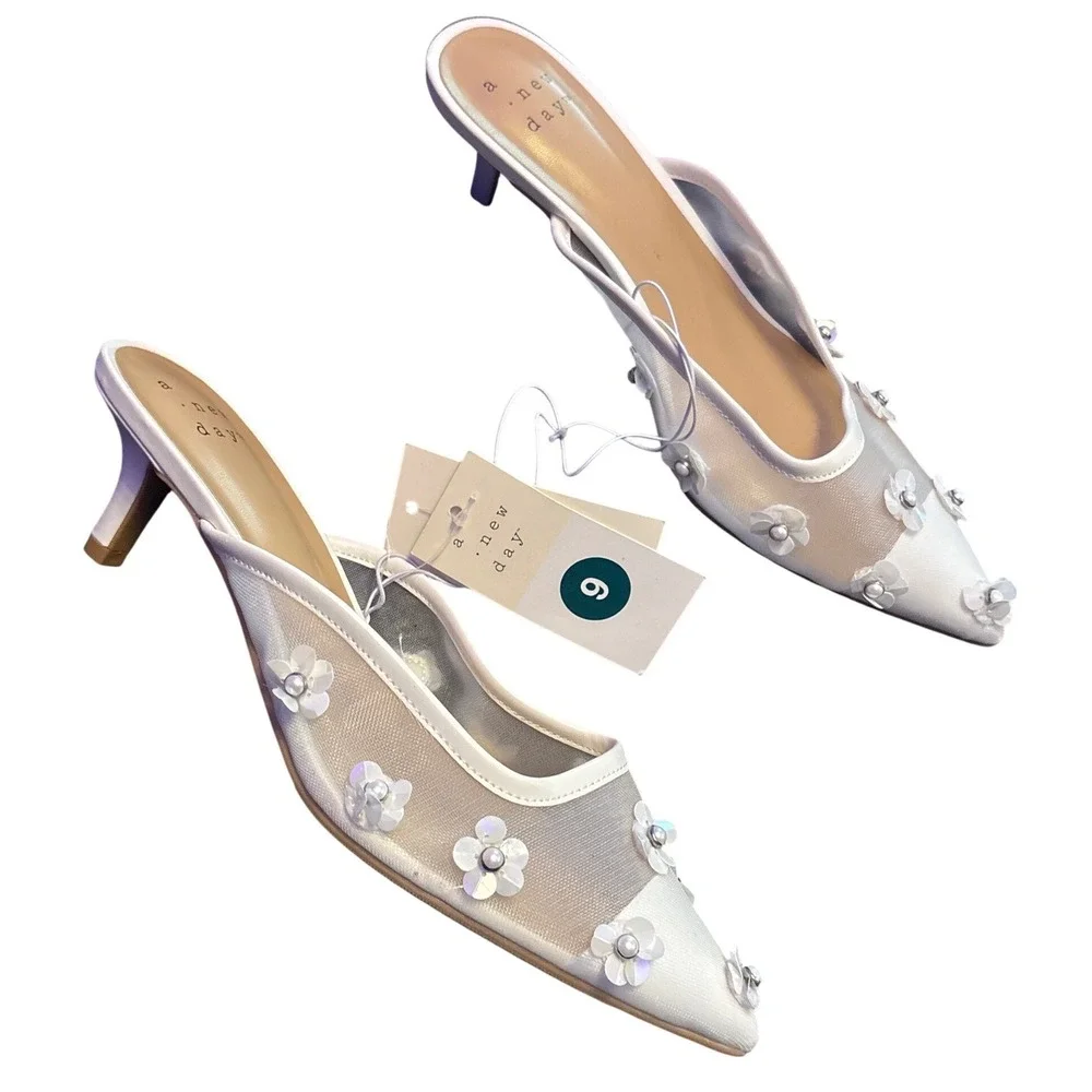 NEW A New Day Delilah White Mesh Floral Pointed Toe Mule Kitten Heels 9